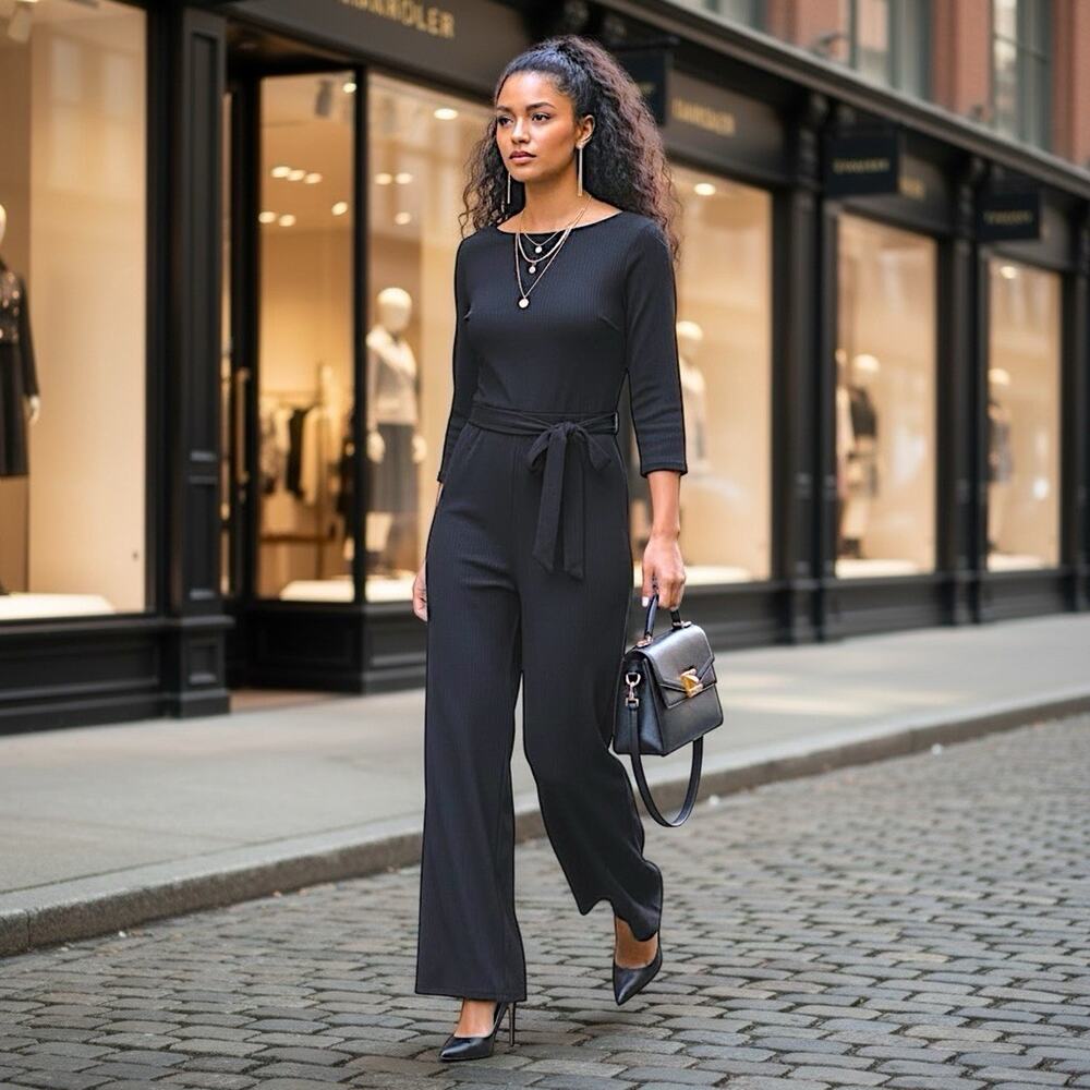 Nic + Zoe Black Wide Leg Jumpsuit Tie Waist Keyhole Back Size M Minimalist